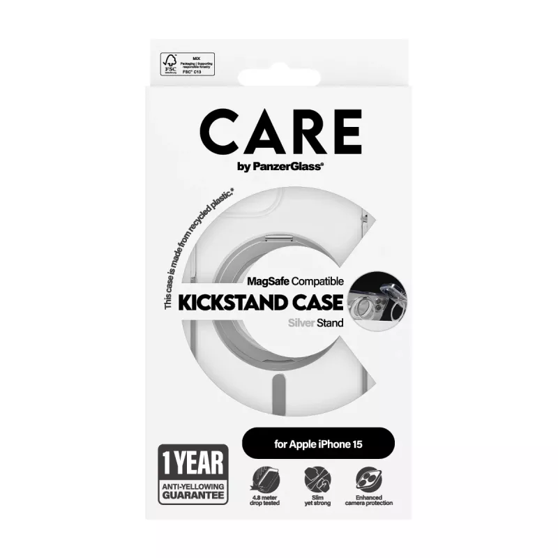 PanzerGlass CARE™ by ® ümbris Transparent w. Silver Kickstand & MagSafe iPhone 15