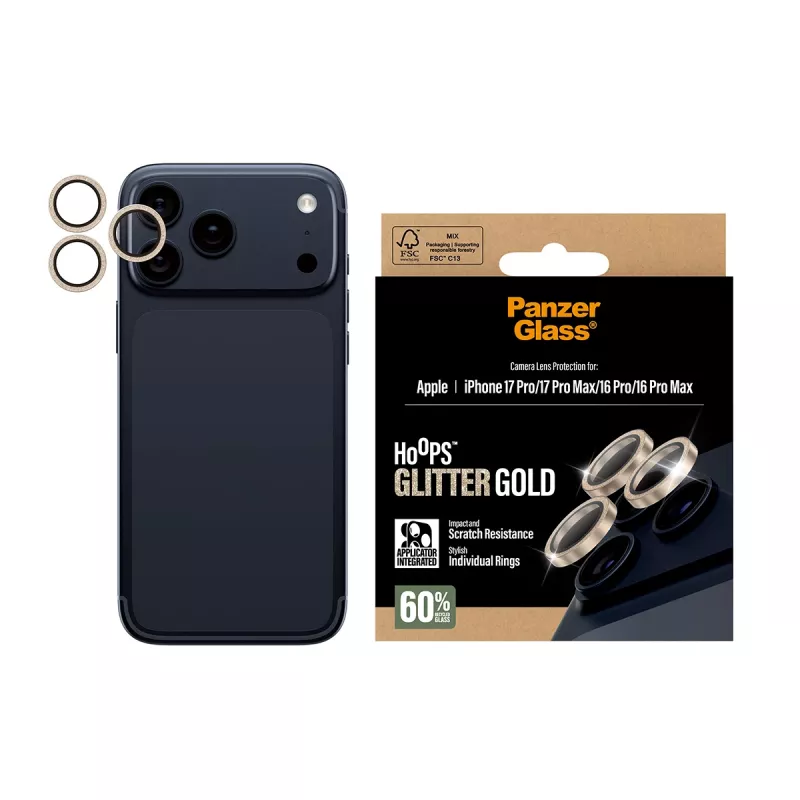 PanzerGlass ® Hoops® Kaamera objektiivi kaitseklaas Glitter Gold iPhone 17 Pro | iPhone 17 Pro Max | iPhone 16 Pro | 16 Pro Max
