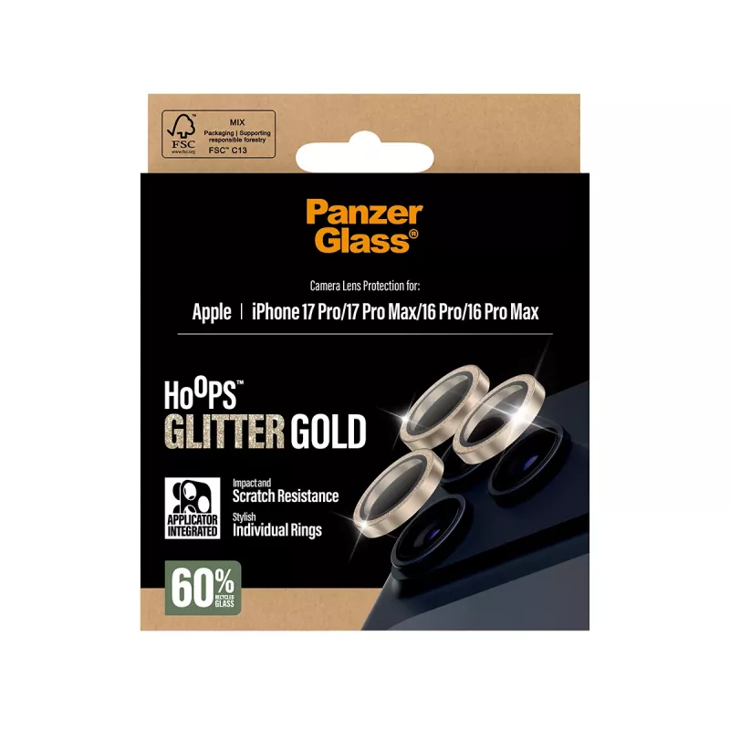 PanzerGlass ® Hoops® Kaamera objektiivi kaitseklaas Glitter Gold iPhone 17 Pro | iPhone 17 Pro Max | iPhone 16 Pro | 16 Pro Max