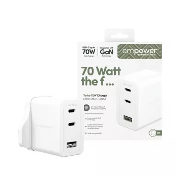 PanzerGlass empower™ by ® Turbo 70W mitme laadija, sisaldab 2 x USB-C + USB-A | UK pistik | Hõbevalge