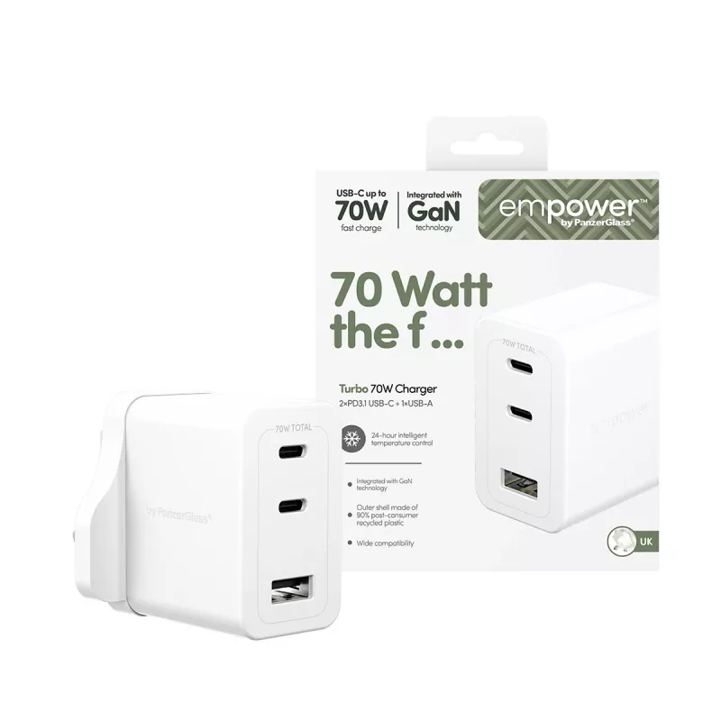 PanzerGlass empower™ by ® Turbo 70W mitme laadija, sisaldab 2 x USB-C + USB-A | UK pistik | Hõbevalge