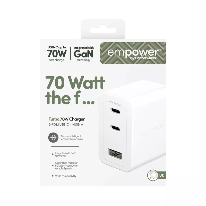 PanzerGlass empower™ by ® Turbo 70W mitme laadija, sisaldab 2 x USB-C + USB-A | UK pistik | Hõbevalge