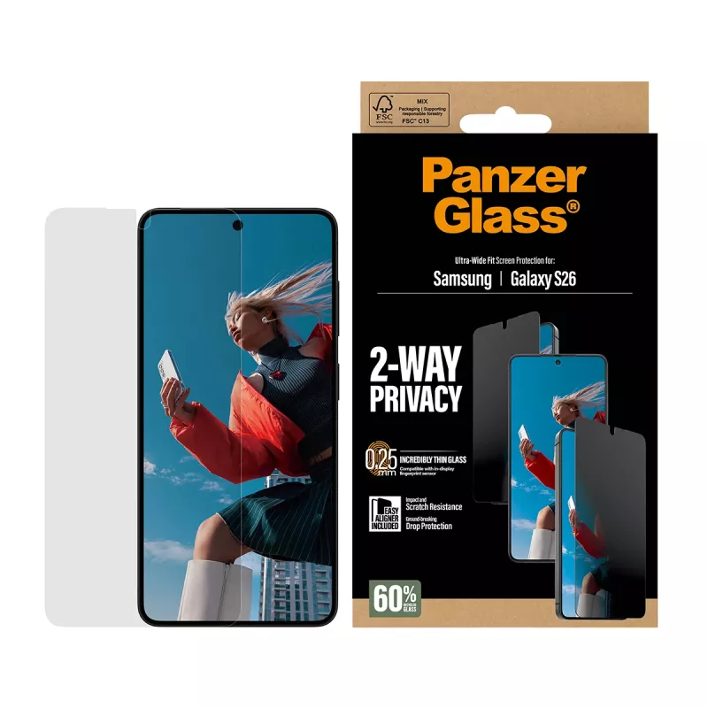 PanzerGlass 2-suunalise privaatsusega ekraanikaitse Samsung Galaxy S26 jaoks — ülilai sobivus, PET + silikoon, kriimustus- ja põrutuskindel