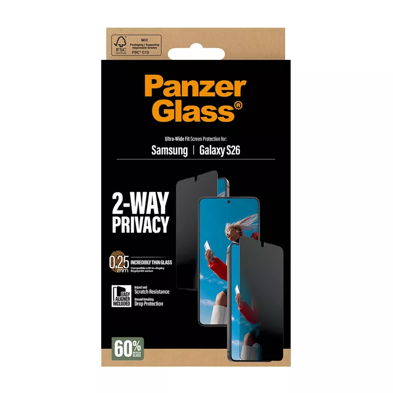 PanzerGlass 2-suunalise privaatsusega ekraanikaitse Samsung Galaxy S26 jaoks — ülilai sobivus, PET + silikoon, kriimustus- ja põrutuskindel