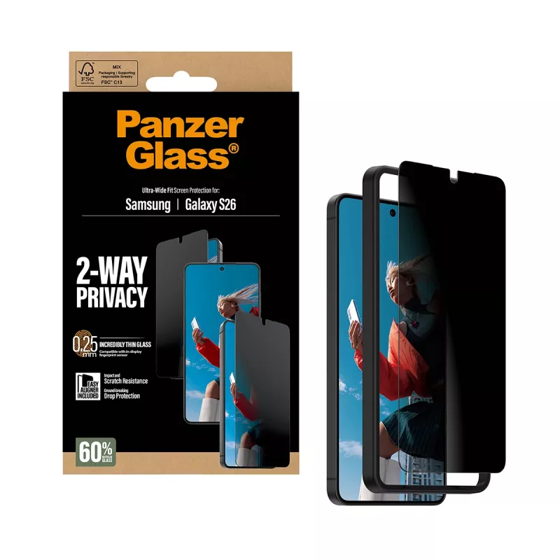 PanzerGlass 2-suunalise privaatsusega ekraanikaitse Samsung Galaxy S26 jaoks — ülilai sobivus, PET + silikoon, kriimustus- ja põrutuskindel