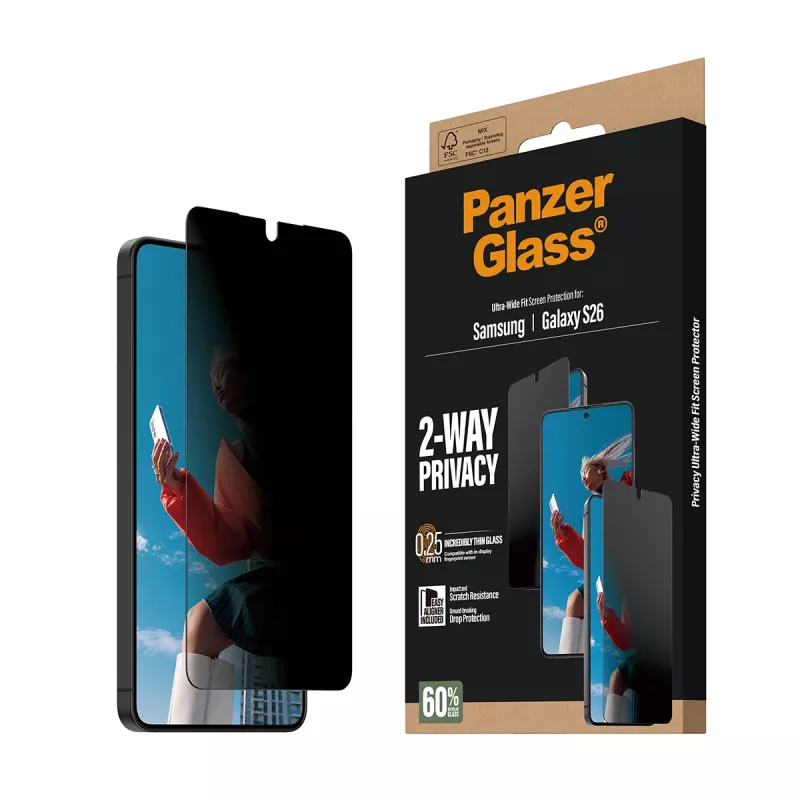 PanzerGlass 2-suunalise privaatsusega ekraanikaitse Samsung Galaxy S26 jaoks — ülilai sobivus, PET + silikoon, kriimustus- ja põrutuskindel