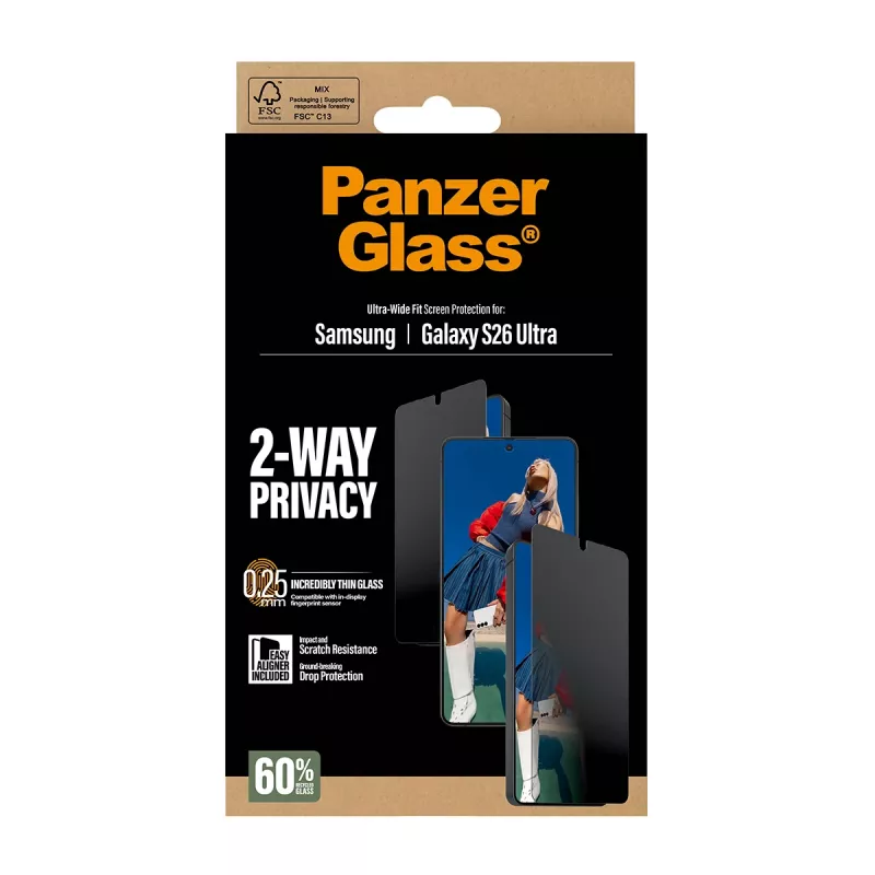 Ekraanikaitse PanzerGlass 2-Way Privacy Samsung Galaxy S26 Ultra jaoks — PET privaatsusfilter, EasyAligner, 1 tk