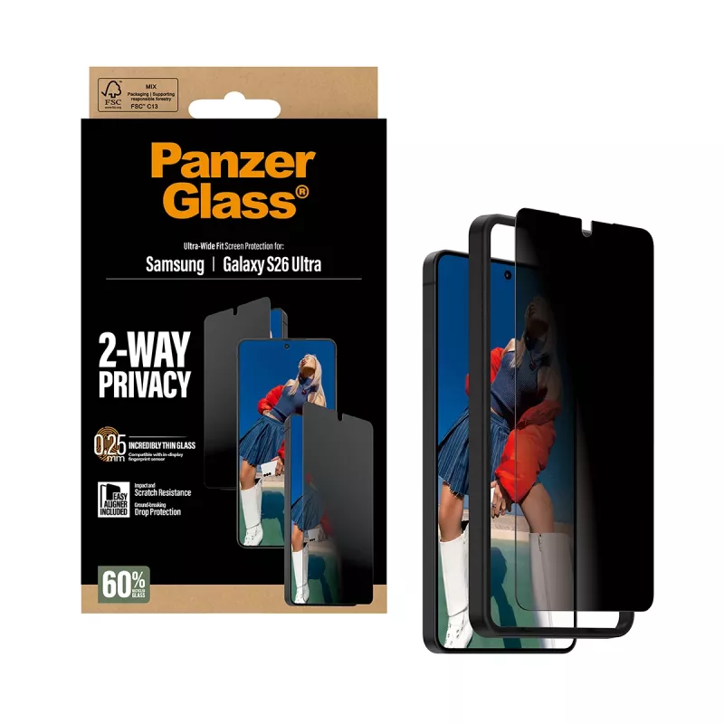 Ekraanikaitse PanzerGlass 2-Way Privacy Samsung Galaxy S26 Ultra jaoks — PET privaatsusfilter, EasyAligner, 1 tk