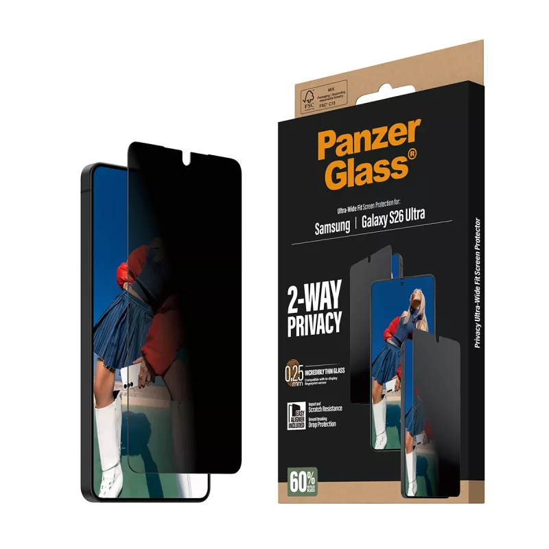 Ekraanikaitse PanzerGlass 2-Way Privacy Samsung Galaxy S26 Ultra jaoks — PET privaatsusfilter, EasyAligner, 1 tk
