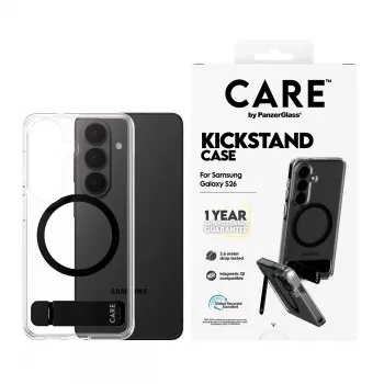 Kaitseümbris PanzerGlass CARE™ Urban Explorer ümbris Samsung Galaxy S26-le, läbipaistev musta tugijalaga ja Qi-toega