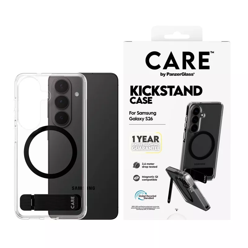 Kaitseümbris PanzerGlass CARE™ Urban Explorer ümbris Samsung Galaxy S26-le, läbipaistev musta tugijalaga ja Qi-toega