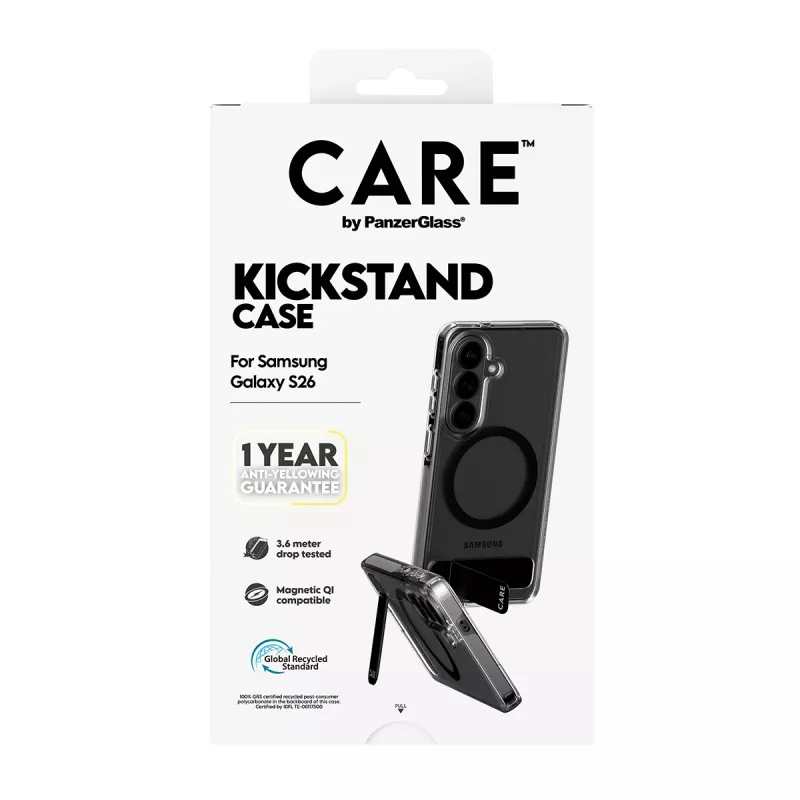 Kaitseümbris PanzerGlass CARE™ Urban Explorer ümbris Samsung Galaxy S26-le, läbipaistev musta tugijalaga ja Qi-toega