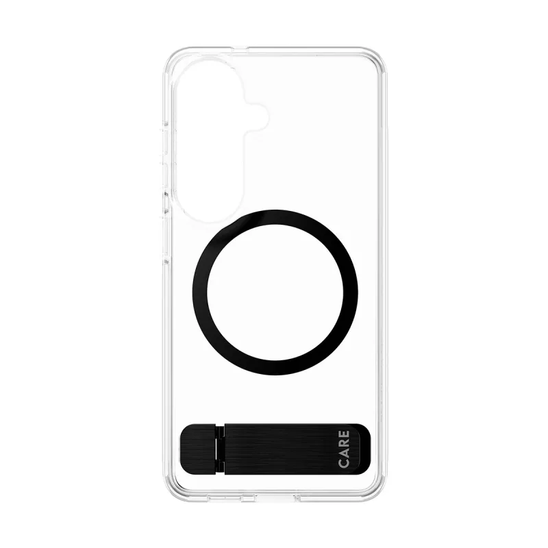Kaitseümbris PanzerGlass CARE™ Urban Explorer ümbris Samsung Galaxy S26-le, läbipaistev musta tugijalaga ja Qi-toega