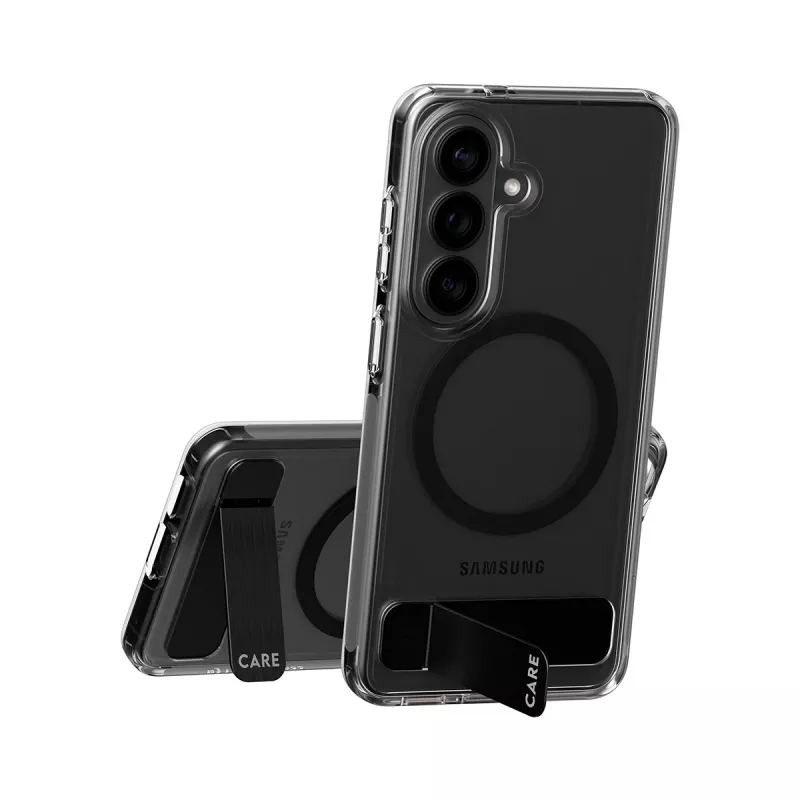 Kaitseümbris PanzerGlass CARE™ Urban Explorer ümbris Samsung Galaxy S26-le, läbipaistev musta tugijalaga ja Qi-toega