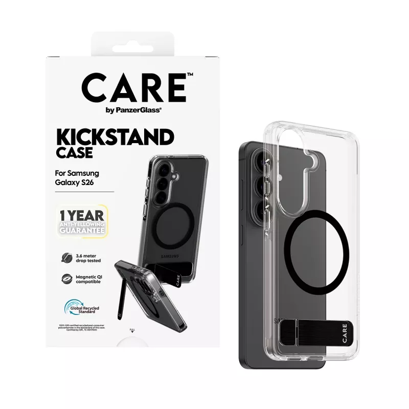 Kaitseümbris PanzerGlass CARE™ Urban Explorer ümbris Samsung Galaxy S26-le, läbipaistev musta tugijalaga ja Qi-toega