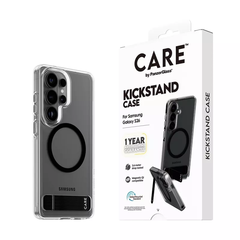 Kaitseümbris PanzerGlass CARE™ Urban Explorer ümbris Samsung Galaxy S26-le, läbipaistev musta tugijalaga ja Qi-toega