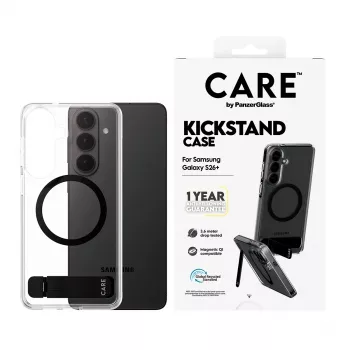 PanzerGlass CARE™ by ® läbipaistev musta tugijala ja Qi-toega ümbris Samsung Galaxy S26+ jaoks