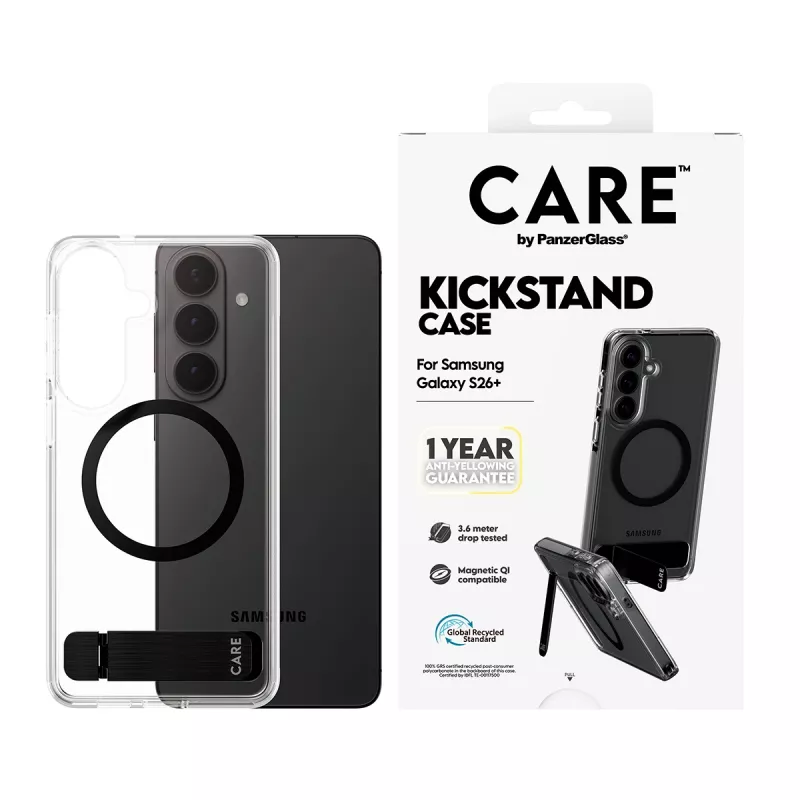 PanzerGlass CARE™ by ® läbipaistev musta tugijala ja Qi-toega ümbris Samsung Galaxy S26+ jaoks