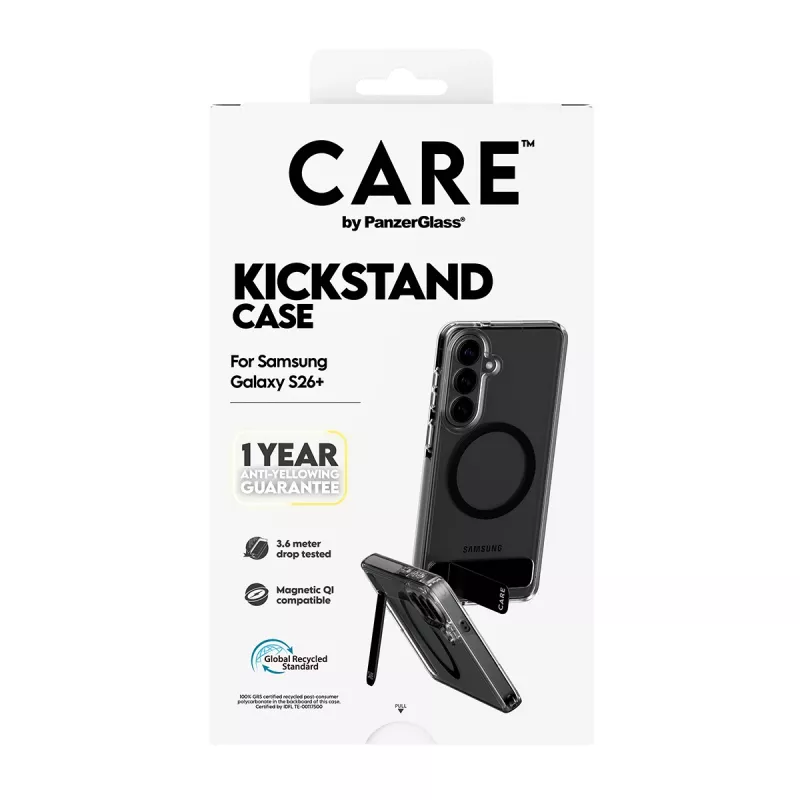PanzerGlass CARE™ by ® läbipaistev musta tugijala ja Qi-toega ümbris Samsung Galaxy S26+ jaoks