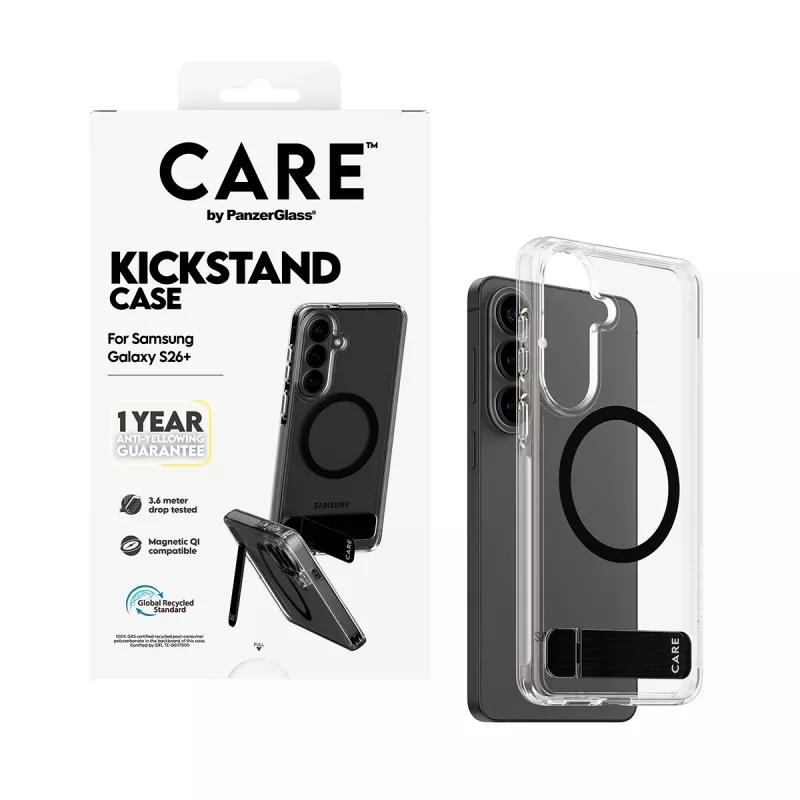 PanzerGlass CARE™ by ® läbipaistev musta tugijala ja Qi-toega ümbris Samsung Galaxy S26+ jaoks