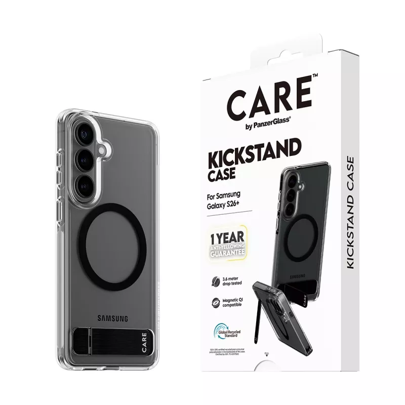 PanzerGlass CARE™ by ® läbipaistev musta tugijala ja Qi-toega ümbris Samsung Galaxy S26+ jaoks