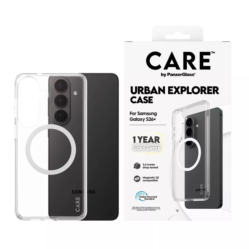 Kaitseümbris PanzerGlass CARE Urban Explorer ümbris Samsung Galaxy S26+ jaoks — läbipaistev, valge Qi-ühilduv