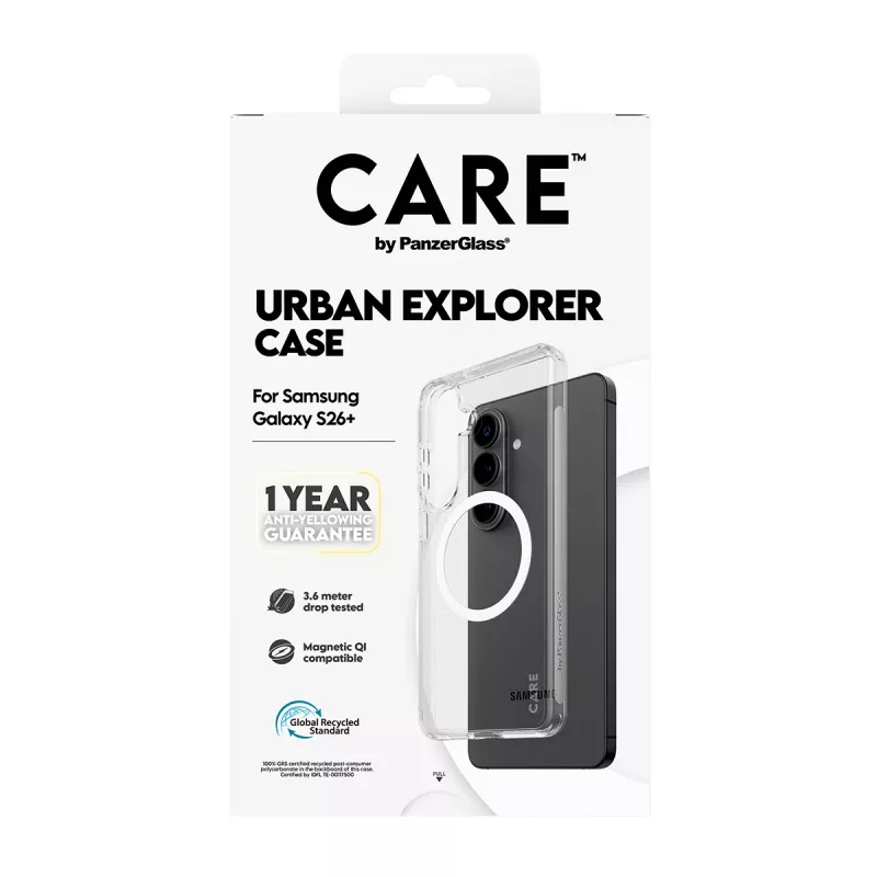 Kaitseümbris PanzerGlass CARE Urban Explorer ümbris Samsung Galaxy S26+ jaoks — läbipaistev, valge Qi-ühilduv