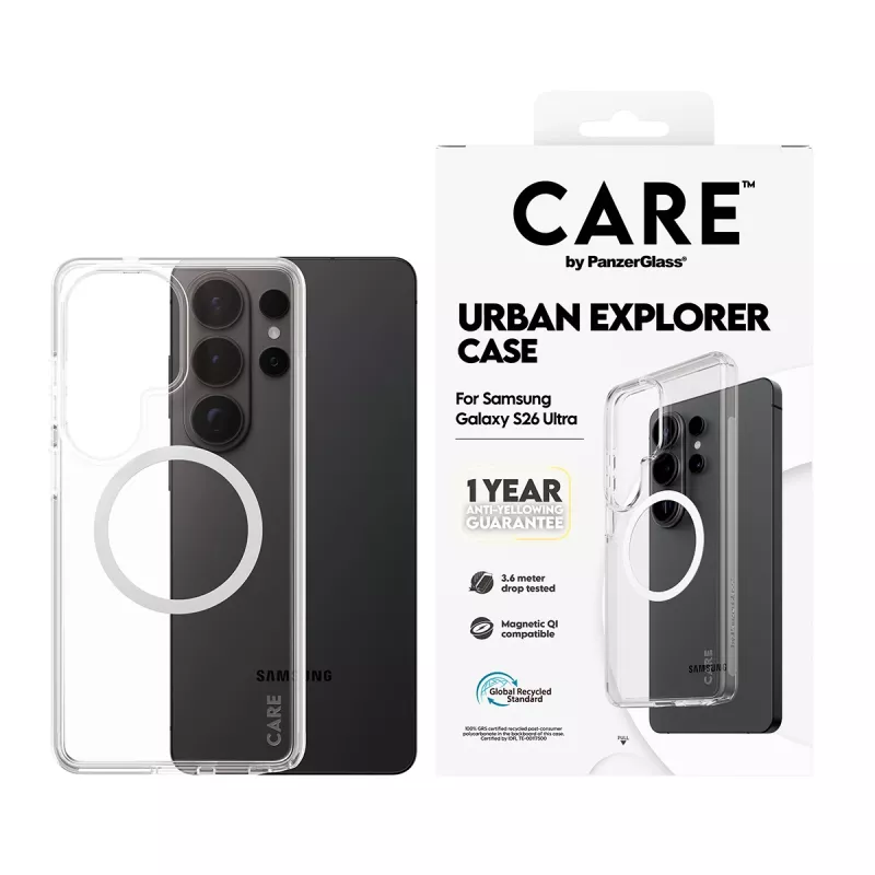 Telefonikohver PanzerGlass CARE™ by Urban Explorer — Läbipaistev kate Valge Qiga Samsung Galaxy S26 Ultral