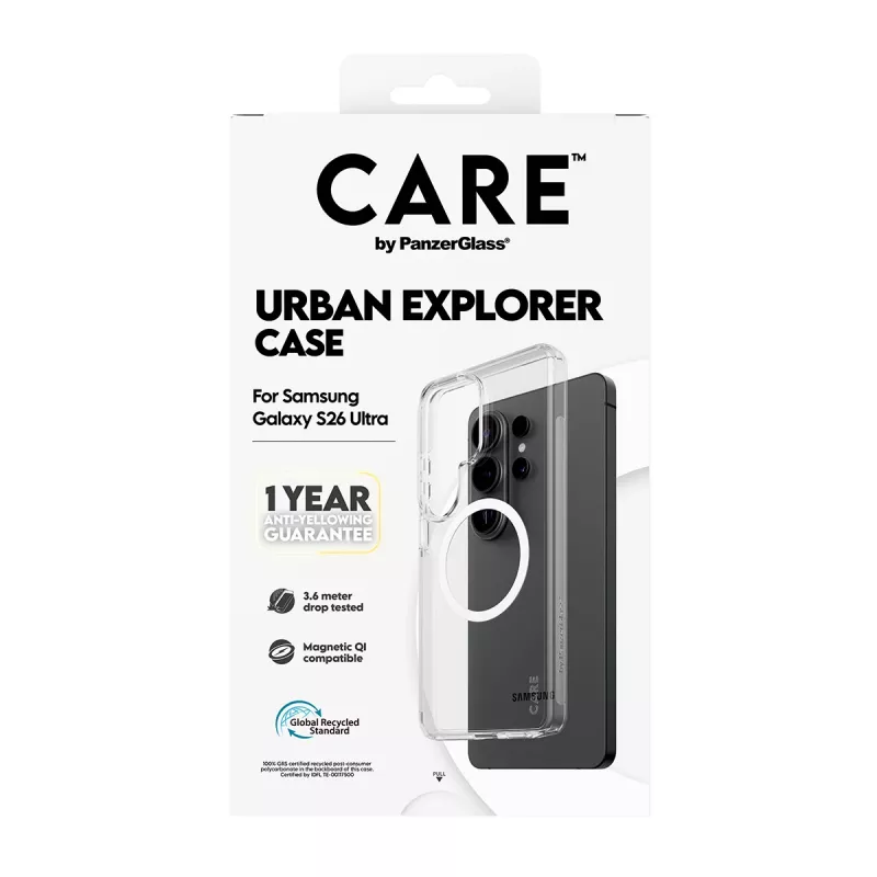 Telefonikohver PanzerGlass CARE™ by Urban Explorer — Läbipaistev kate Valge Qiga Samsung Galaxy S26 Ultral