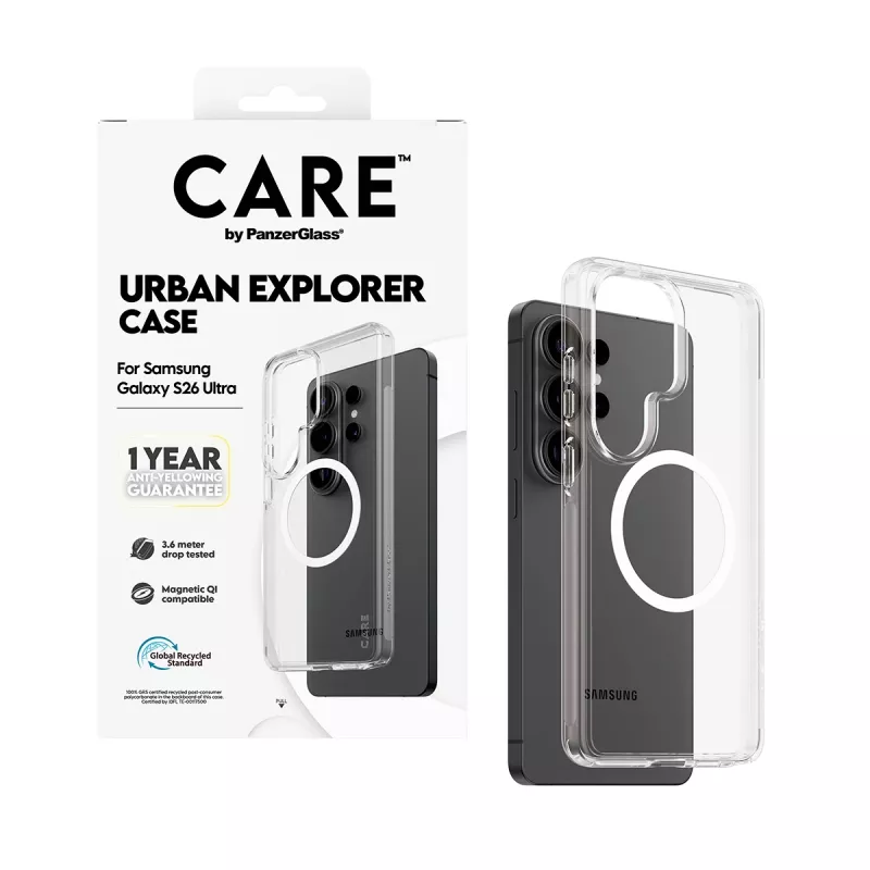 Telefonikohver PanzerGlass CARE™ by Urban Explorer — Läbipaistev kate Valge Qiga Samsung Galaxy S26 Ultral
