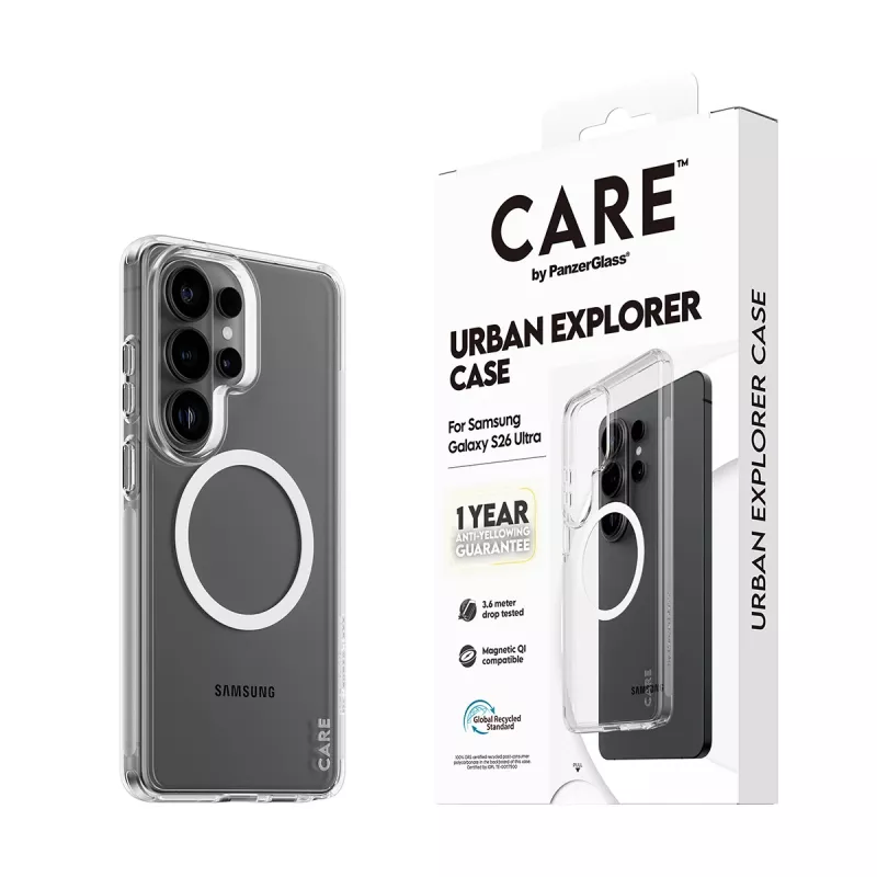 Telefonikohver PanzerGlass CARE™ by Urban Explorer — Läbipaistev kate Valge Qiga Samsung Galaxy S26 Ultral