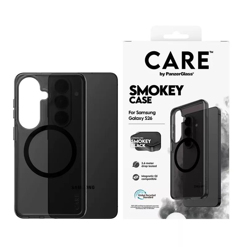 Kaitsev telefoniümbris PanzerGlass CARE™ Smokey Case koos Must Qi-ga Samsung Galaxy S26-le