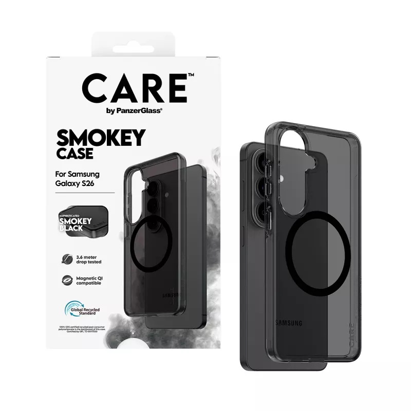 Kaitsev telefoniümbris PanzerGlass CARE™ Smokey Case koos Must Qi-ga Samsung Galaxy S26-le