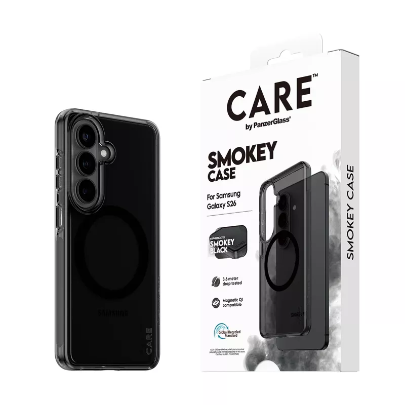 Kaitsev telefoniümbris PanzerGlass CARE™ Smokey Case koos Must Qi-ga Samsung Galaxy S26-le