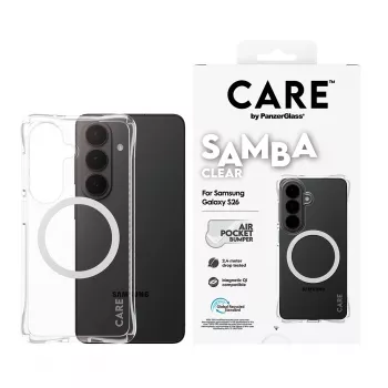 Kaitsev telefonikott PanzerGlass CARE Samba läbipaistev valge Qi-ga Samsung Galaxy S26-le