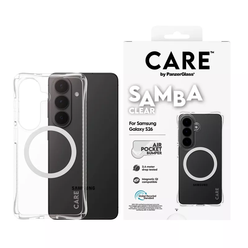 Kaitsev telefonikott PanzerGlass CARE Samba läbipaistev valge Qi-ga Samsung Galaxy S26-le