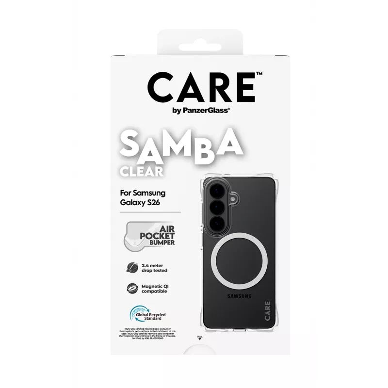 Kaitsev telefonikott PanzerGlass CARE Samba läbipaistev valge Qi-ga Samsung Galaxy S26-le