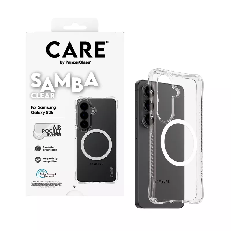 Kaitsev telefonikott PanzerGlass CARE Samba läbipaistev valge Qi-ga Samsung Galaxy S26-le