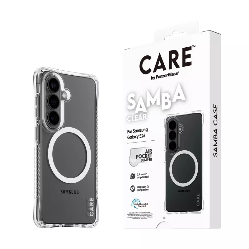 Kaitsev telefonikott PanzerGlass CARE Samba läbipaistev valge Qi-ga Samsung Galaxy S26-le
