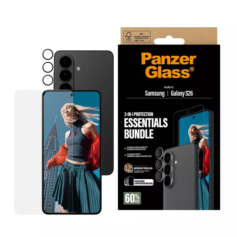 PanzerGlass ekraanikaitsekomplekt Samsung Galaxy S26-le — Hoops 2-in-1 Ultra-Wide Fit, karastatud klaas + PET/silikoonkihid
