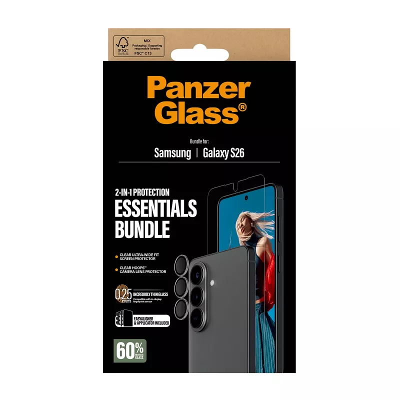 PanzerGlass ekraanikaitsekomplekt Samsung Galaxy S26-le — Hoops 2-in-1 Ultra-Wide Fit, karastatud klaas + PET/silikoonkihid