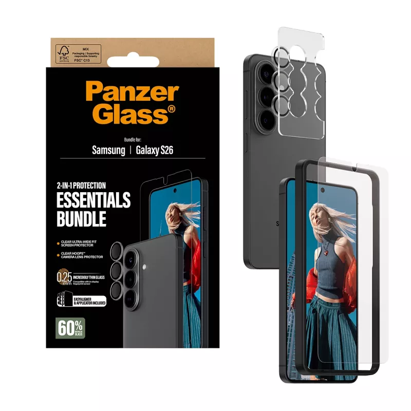 PanzerGlass ekraanikaitsekomplekt Samsung Galaxy S26-le — Hoops 2-in-1 Ultra-Wide Fit, karastatud klaas + PET/silikoonkihid