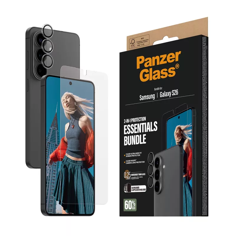 PanzerGlass ekraanikaitsekomplekt Samsung Galaxy S26-le — Hoops 2-in-1 Ultra-Wide Fit, karastatud klaas + PET/silikoonkihid