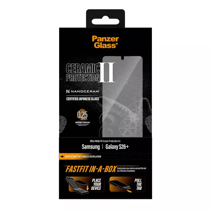 Ekraanikaitse PanzerGlass Samsung Galaxy S26+ jaoks — Ceramic Ultra-Wide Fit, karastatud klaas PET, FASTFIT