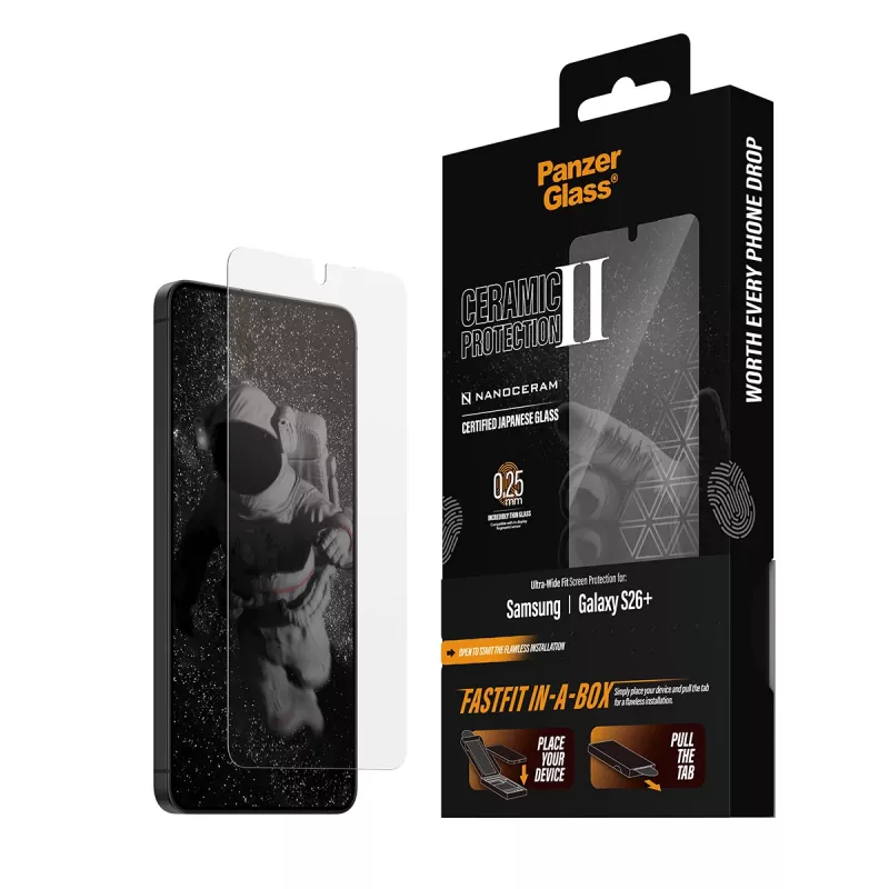 Ekraanikaitse PanzerGlass Samsung Galaxy S26+ jaoks — Ceramic Ultra-Wide Fit, karastatud klaas PET, FASTFIT
