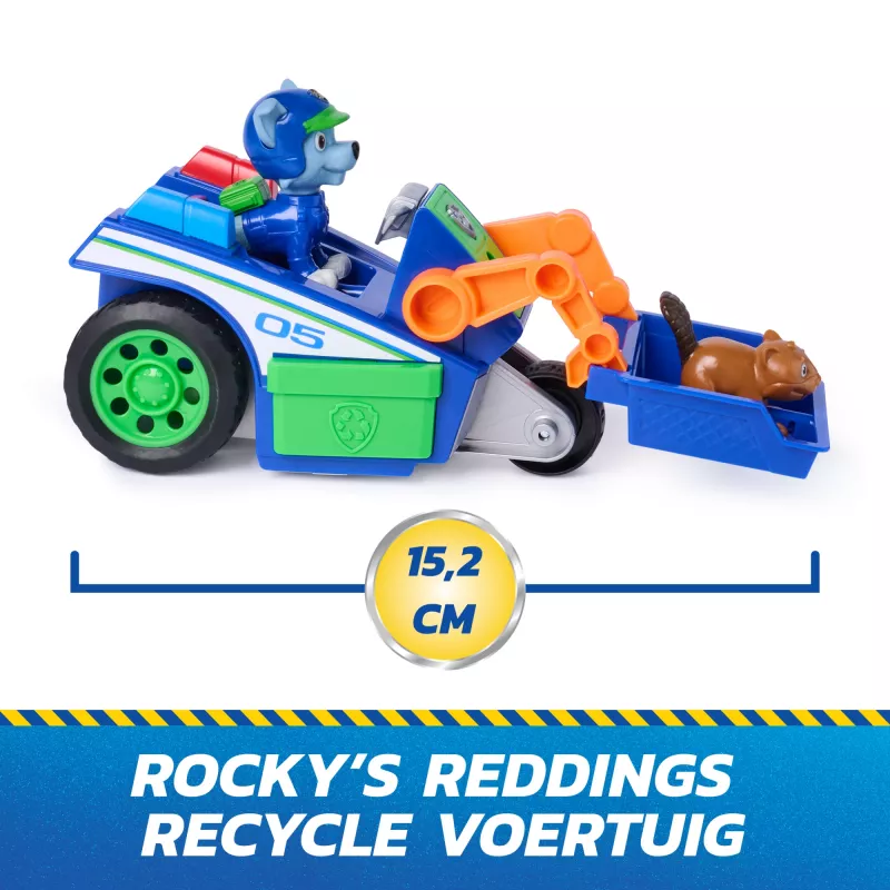 PAW Patrol: Search & Rescue, Rocky Rescue Recycler sõiduk 2 figuuriga, mänguauto tagasitõmbejõuga, laste mänguasjad poistele ja tüdrukutele alates 3. eluaastast