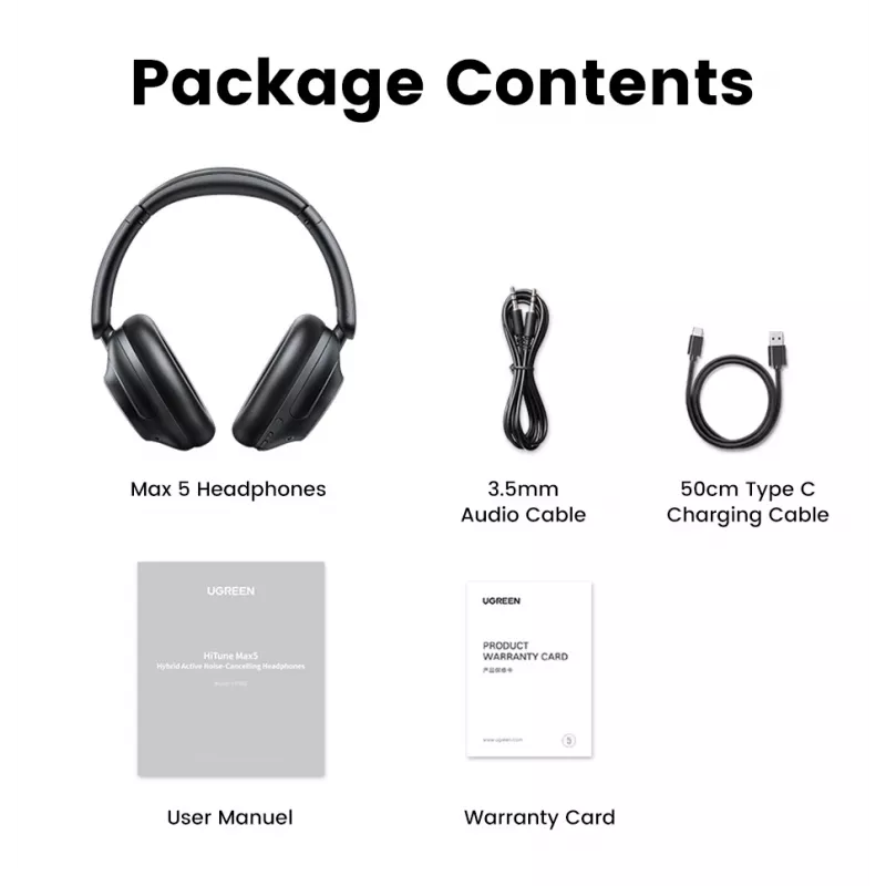 Ugreen HiTune Max5 Peakomplekt Juhtmega ja juhtmevaba Peapael Kõned/Muusika Bluetooth Must