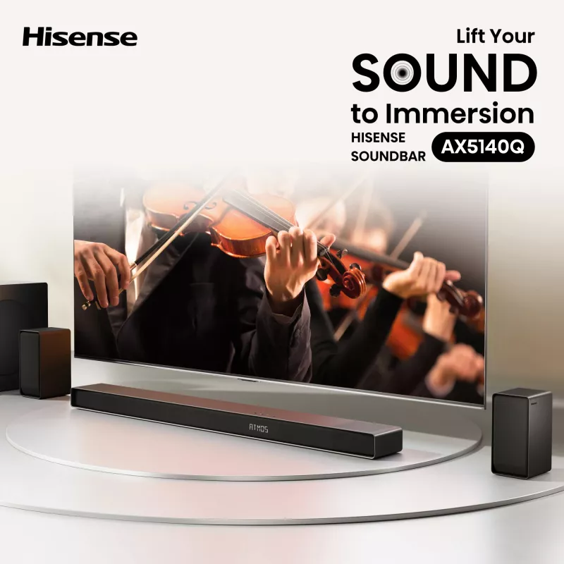 Soundbar Hisense AX5140Q 5.1.4 Dolby Atmos, 600 W RMS, juhtmevaba bassikõlar 280 W, must