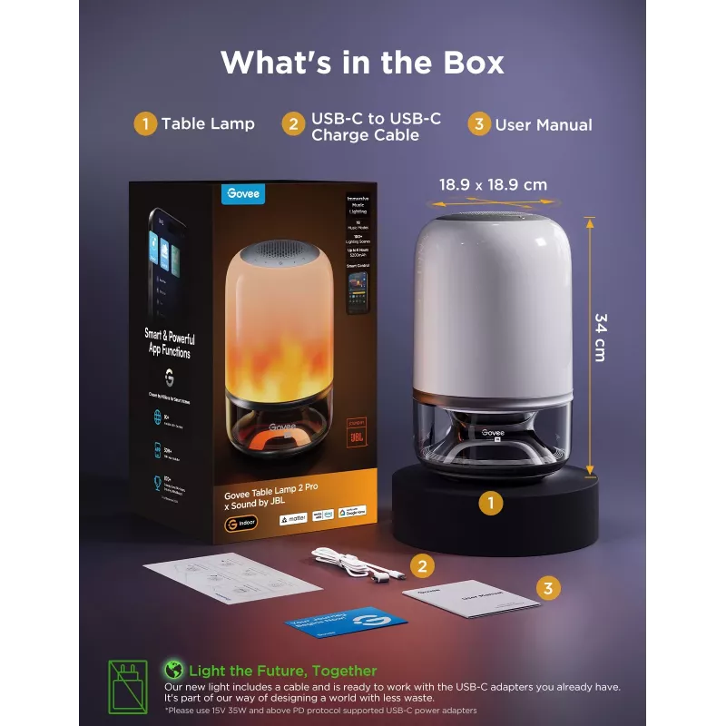 Table Lamp Govee H6020 Table Lamp 2 Pro Sound by JBL — RGBIC + Soe Valge, 600 lm, Wi‑Fi & Bluetooth, 5200 mAh