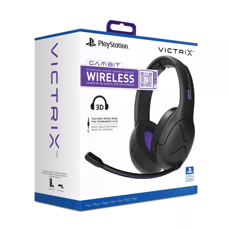 Peakomplekt VICTRIX Gambit Wireless — juhtmega ja juhtmevaba, 20–20000 Hz, 2 m kaabel, 301 g, must/lilla